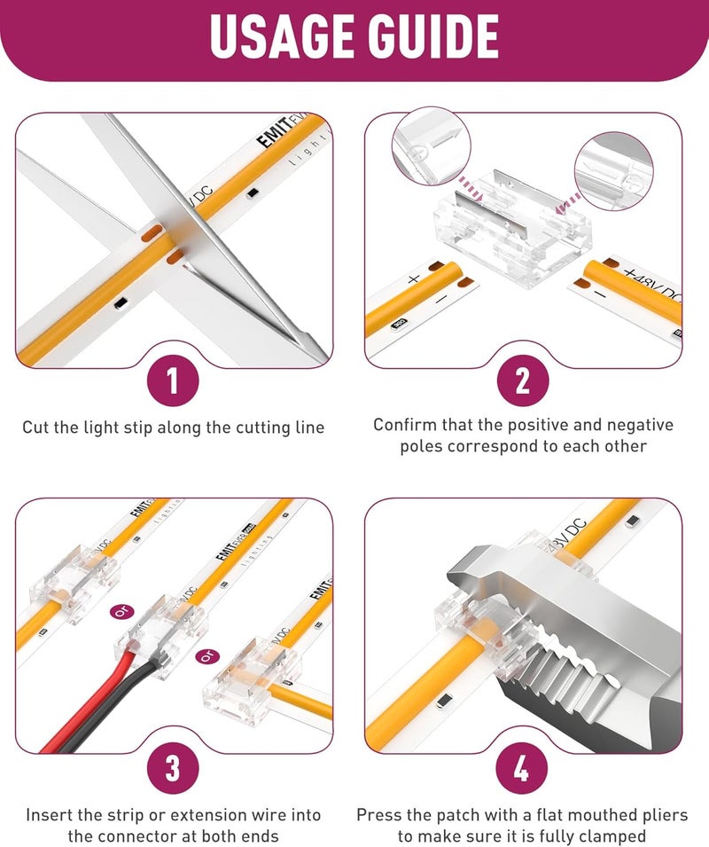 EMITEVER ​ 8-in-1 LED Strip Connectors 12pcs, 2 Pin 10mm COB Tape Lights Terminal Connectors 8 Types Solderless Transparent Connection for​ 5V 12V 24V（Straight, Corner, Strip to Strip, Strip to Wire） - Image 5
